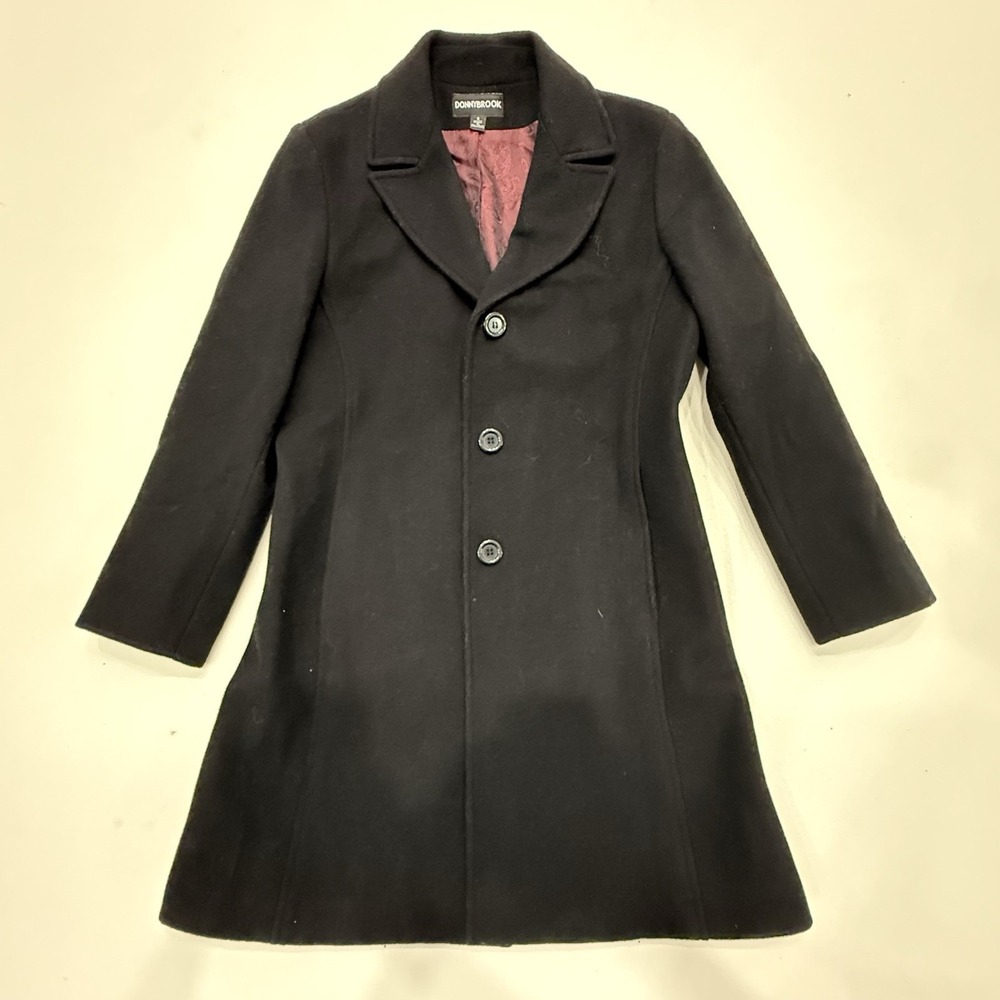 Vintage Donnybrook Black Wool-Blend Mid-Length Walking Coat - Women's Size 8